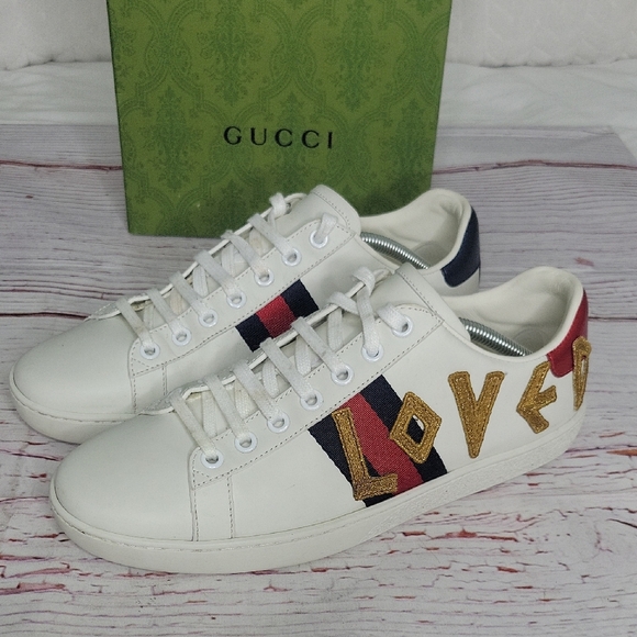 GUCCI ACE LOVED White Leather Sneakers with Red and Gold Accents SIZE 40 - Picture 2 of 14